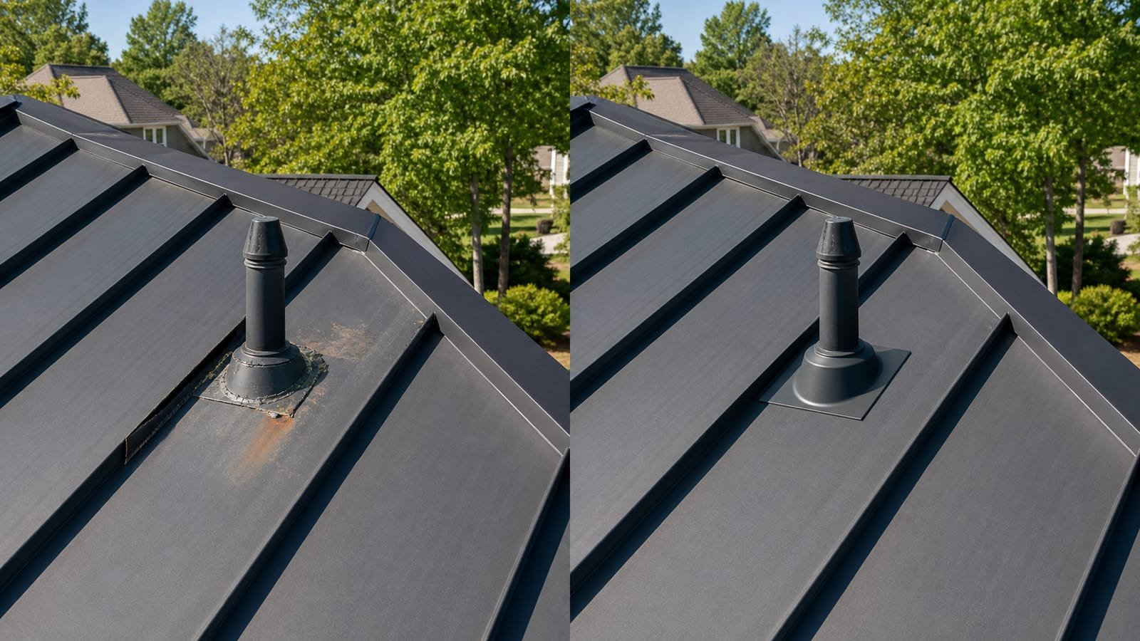 Before-and-after comparison of a standing-seam metal roof repair, showing a corroded vent boot replaced with a new one.