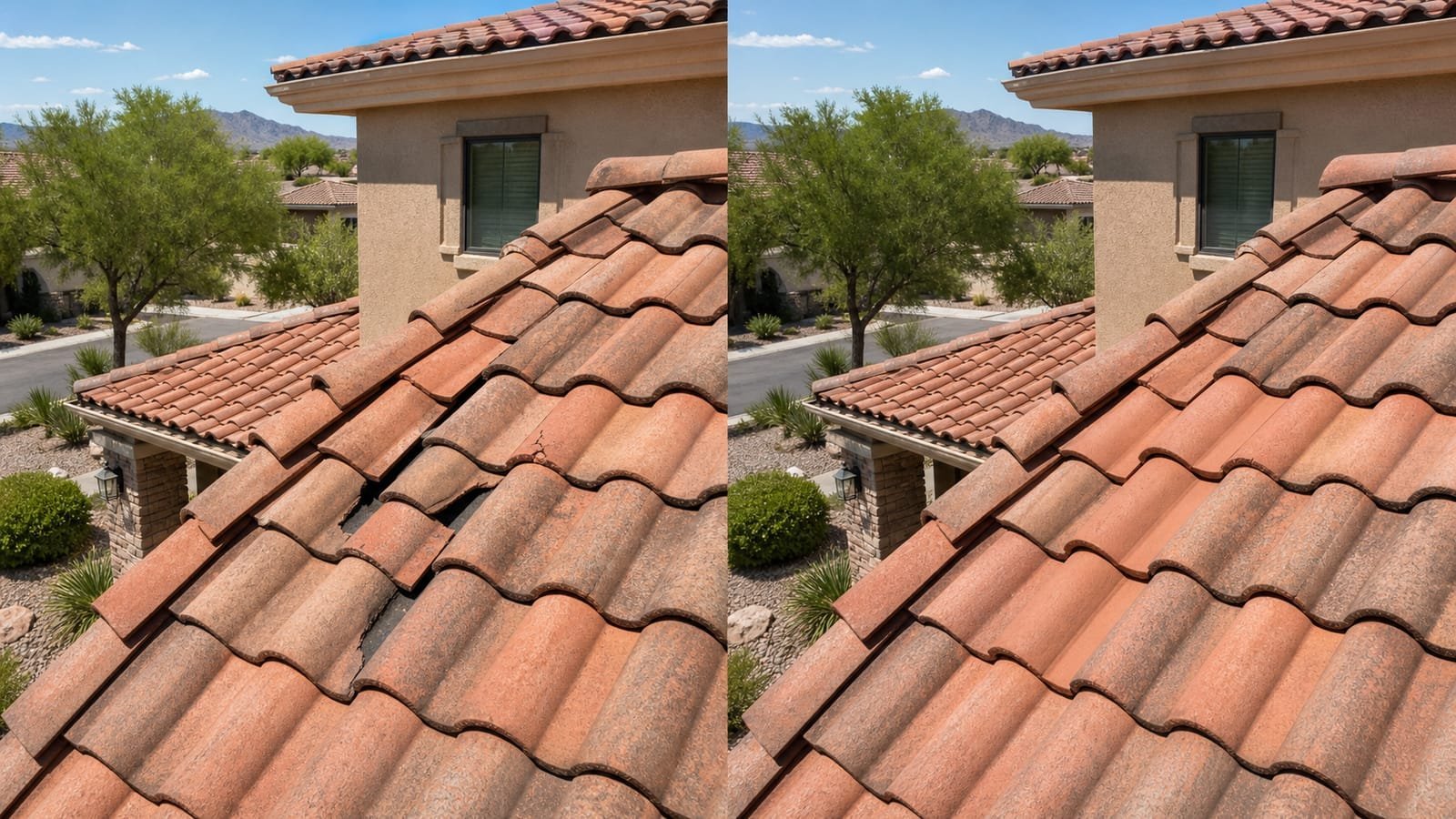 Before-and-after comparison of a clay tile roof repair, showing a cracked, displaced tile replaced with a matching new tile.