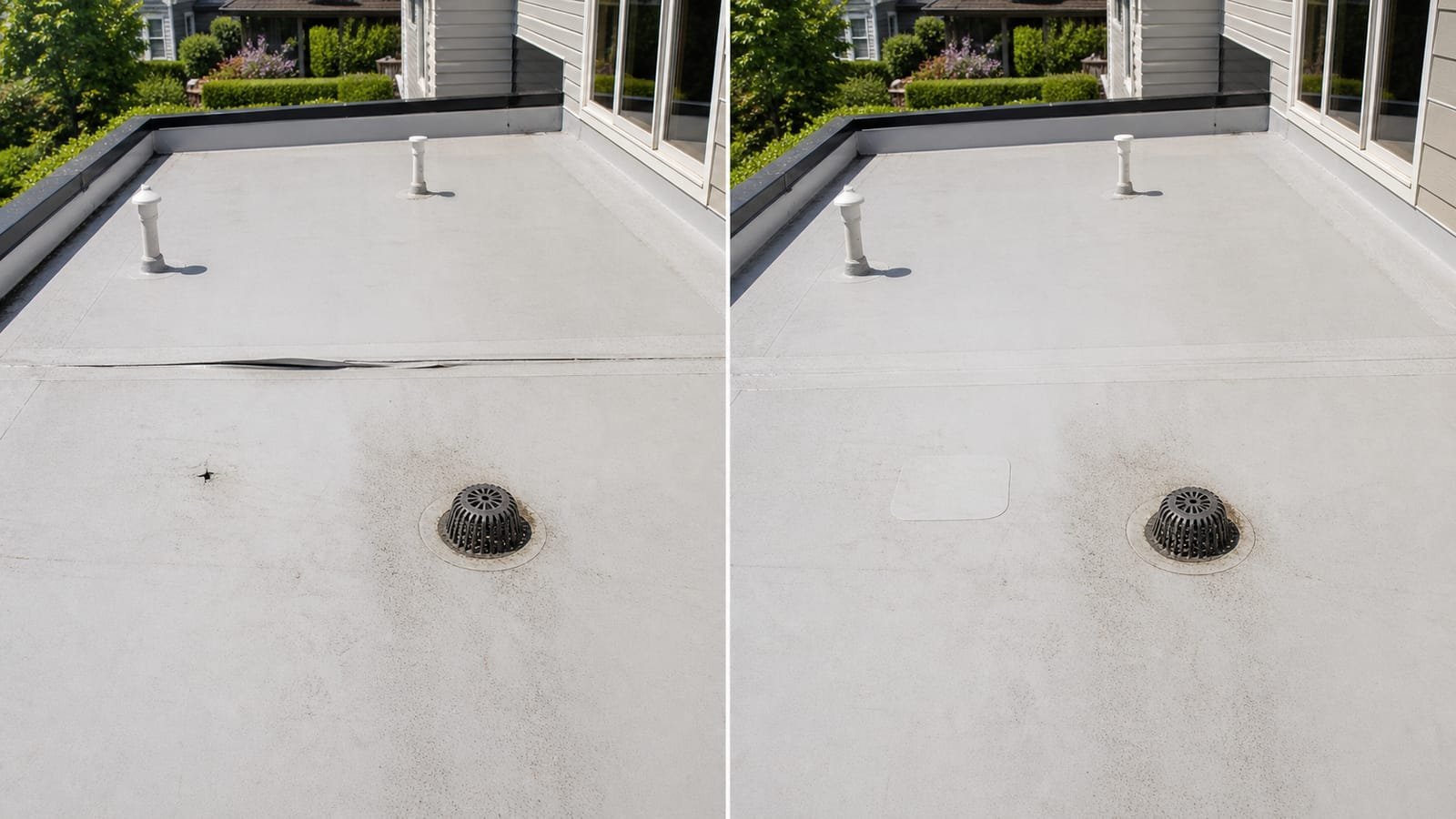 Before-and-after comparison of a flat membrane roof repair, showing a split seam and a puncture patched smooth.