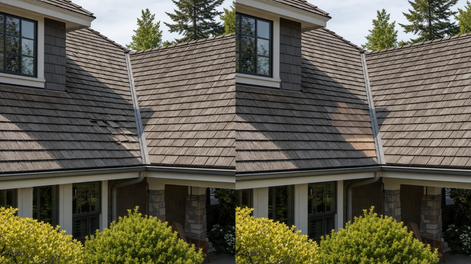Before-and-after comparison of a cedar shake roof repair, showing damaged, curling shakes replaced with new ones.