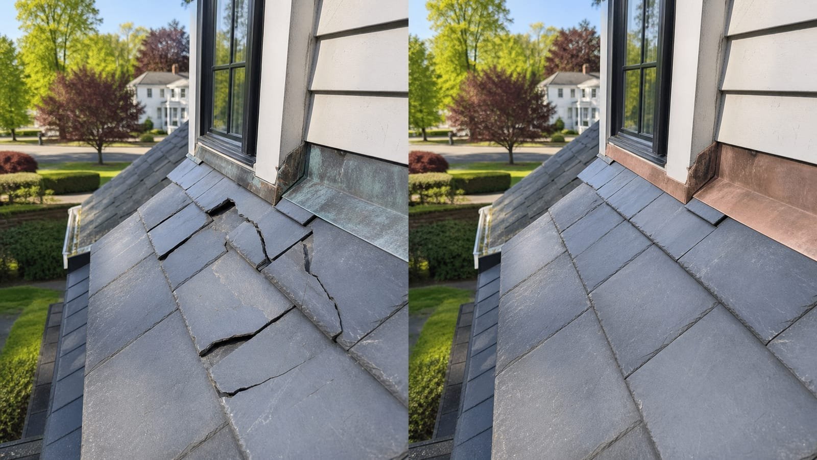 Before-and-after comparison of a slate roof repair, showing cracked slate tiles near a dormer replaced and re-flashed.