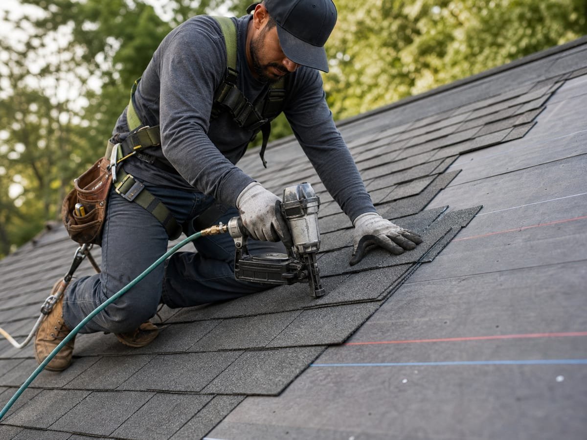 Roofing crew installing new architectural asphalt shingles during a full roof replacement