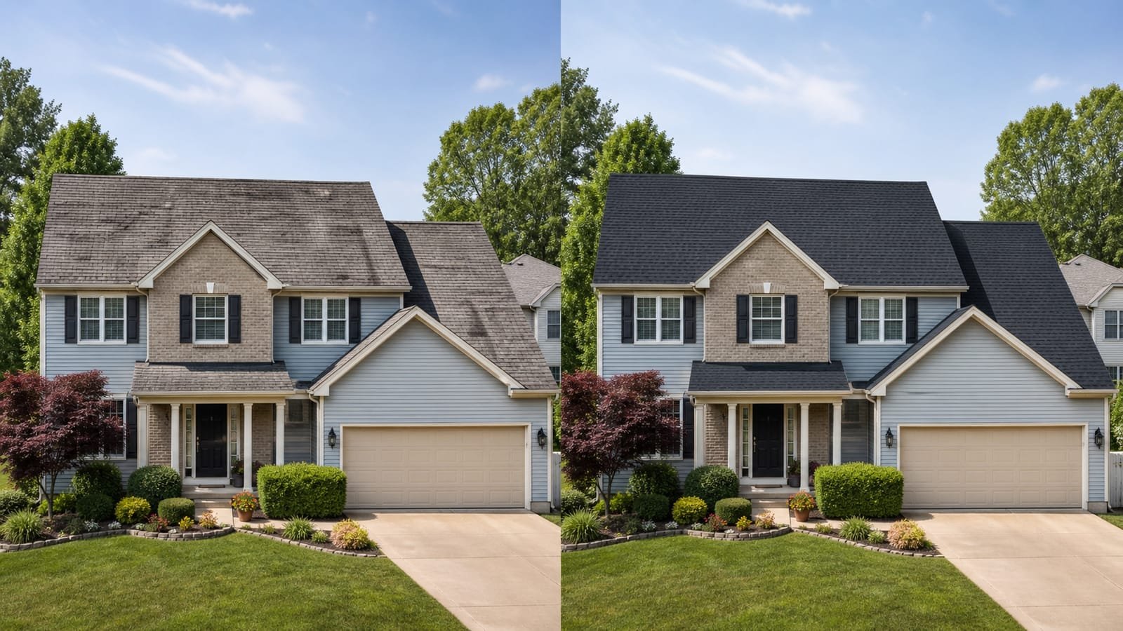 Before-and-after comparison of an asphalt shingle roof replacement, showing a worn, streaked roof replaced with new dark shingles.