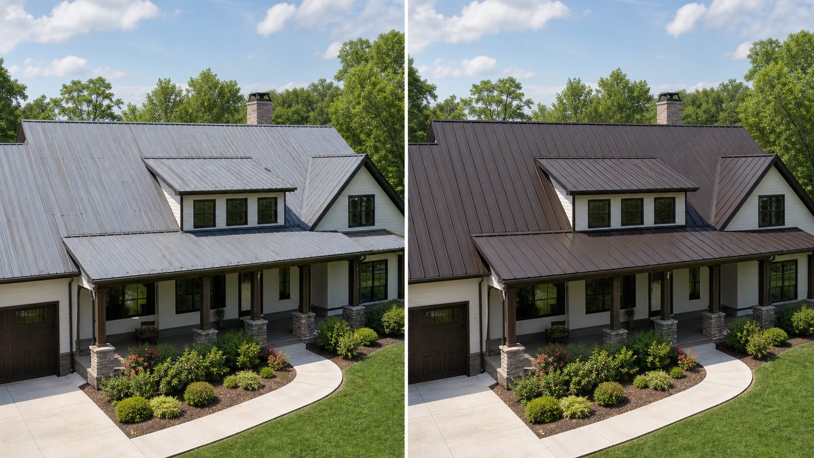 Before-and-after comparison of a standing-seam metal roof replacement, showing a faded gray roof replaced with a new dark bronze finish.