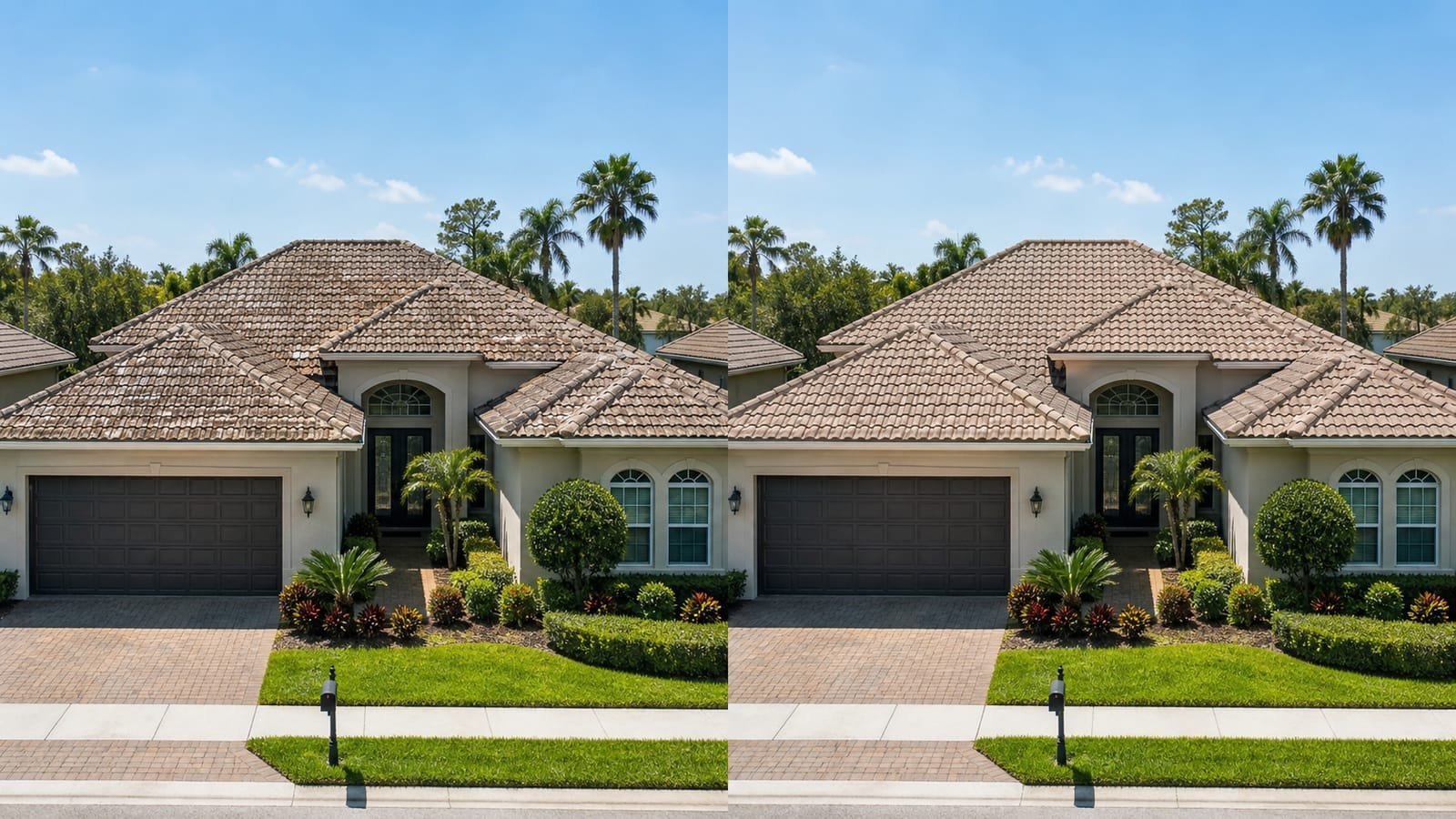 Before-and-after comparison of a concrete tile roof replacement, showing a weathered tile roof replaced with clean, matching new tiles.