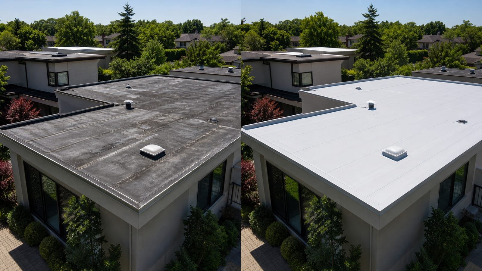 Before-and-after comparison of a flat membrane roof replacement, showing a worn, patched membrane replaced with a new white reflective membrane.