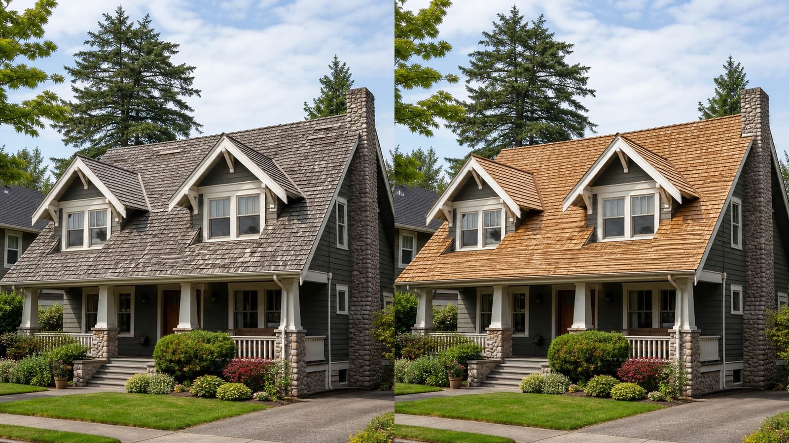 Before-and-after comparison of a cedar shake roof replacement, showing a weathered gray roof replaced with new natural cedar shakes.