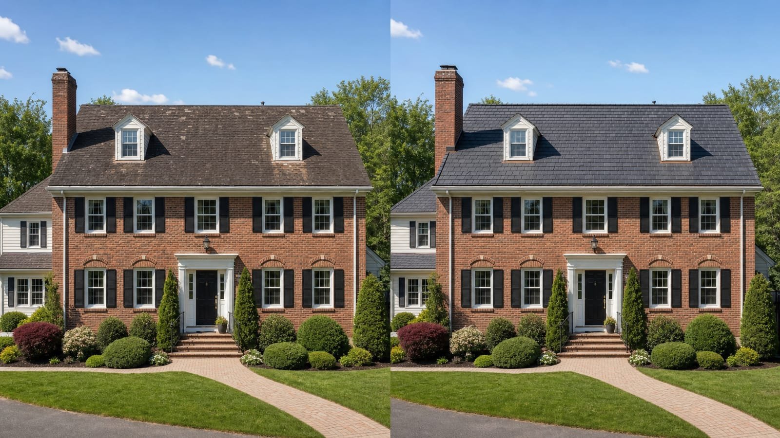 Before-and-after comparison of a synthetic slate roof replacement, showing a worn asphalt shingle roof replaced with new synthetic slate tiles.
