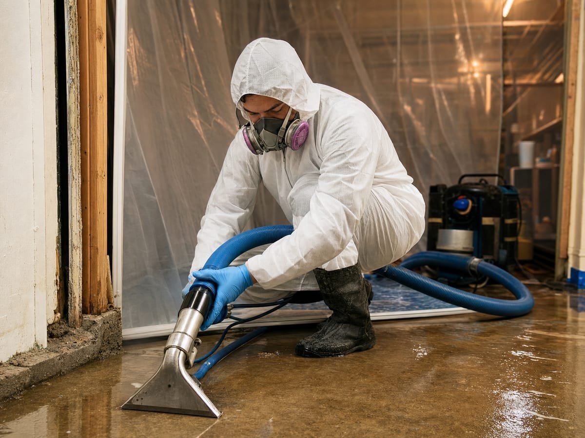 Technician in protective gear extracting sewage from a contained floor area