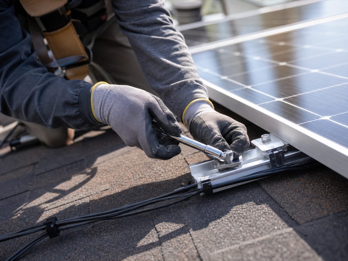Installer bolting a solar panel mounting bracket to an asphalt shingle roof