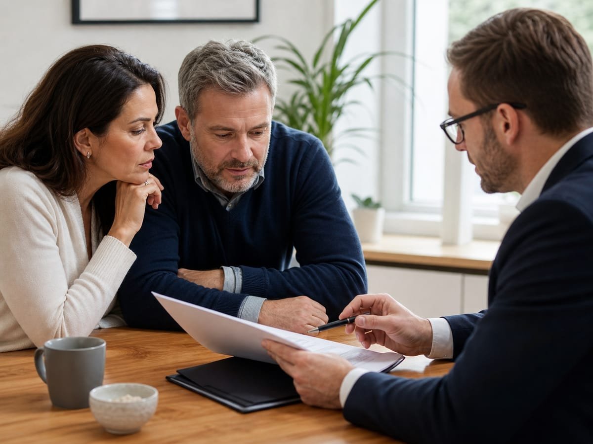 Couple reviewing timeshare contract documents with a consultant