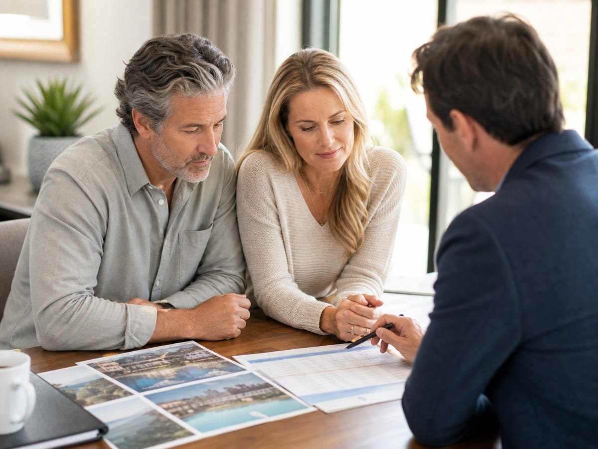 Couple examining resort listing photos with a resale agent