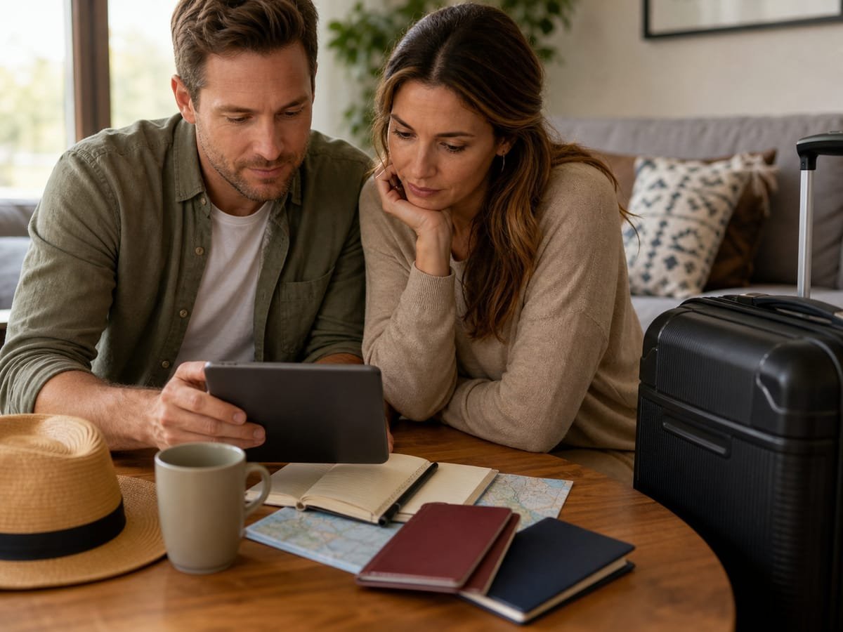 Couple comparing travel insurance options with passports and luggage packed