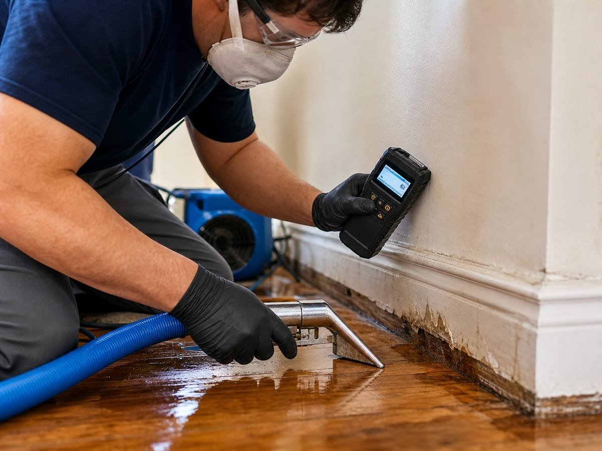 Restoration technician measuring wall moisture beside drying equipment
