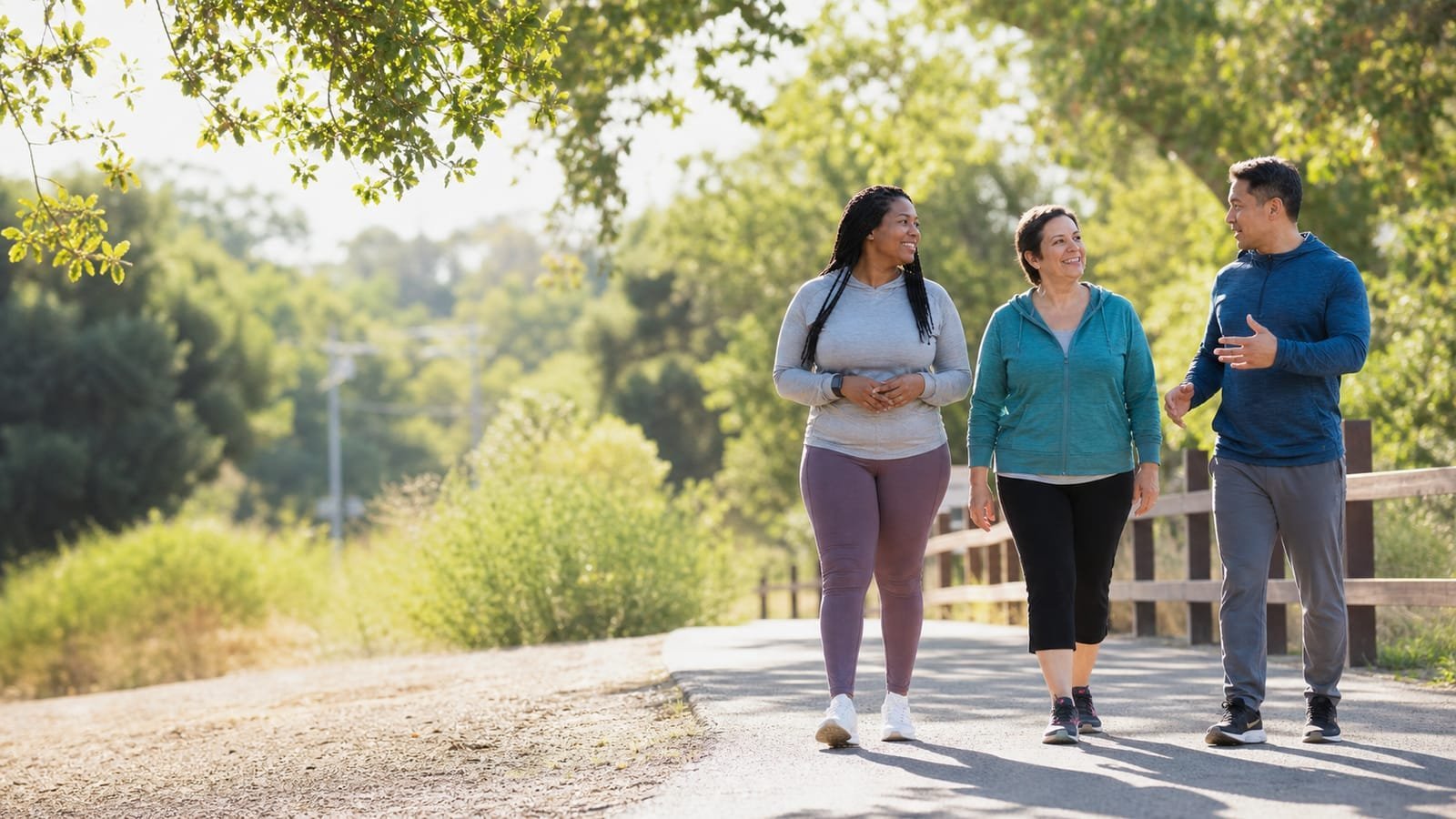 Three adults walking together outdoors as part of a weight loss routine