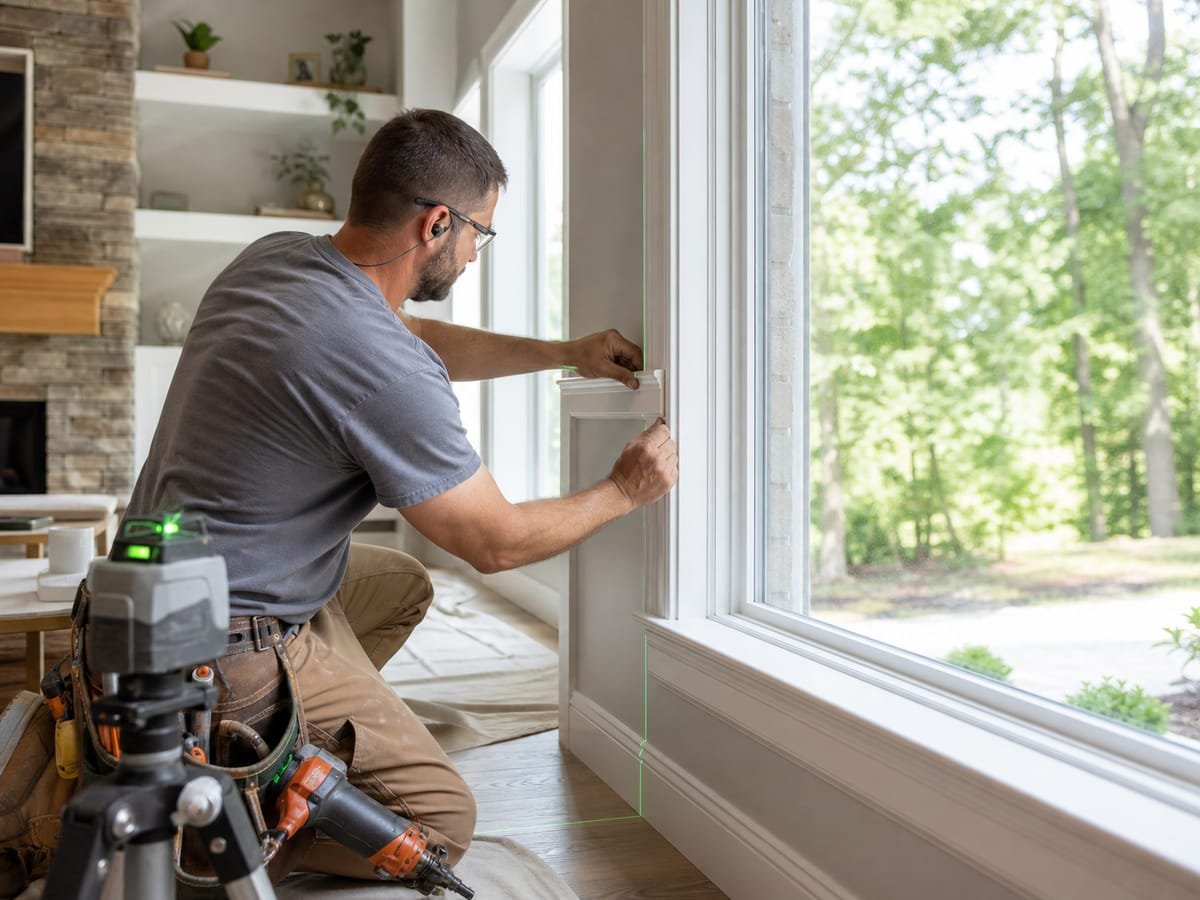 Contractor fitting trim around a newly enlarged picture window