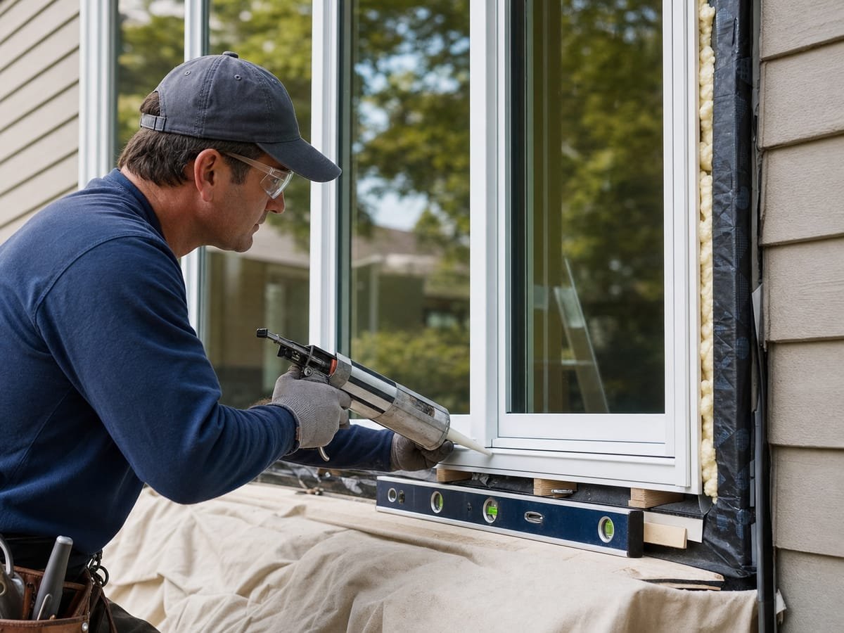 Installer sealing a new white replacement window with a caulk gun